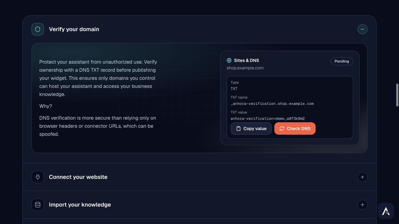 Anhora DNS domain ownership verification flow