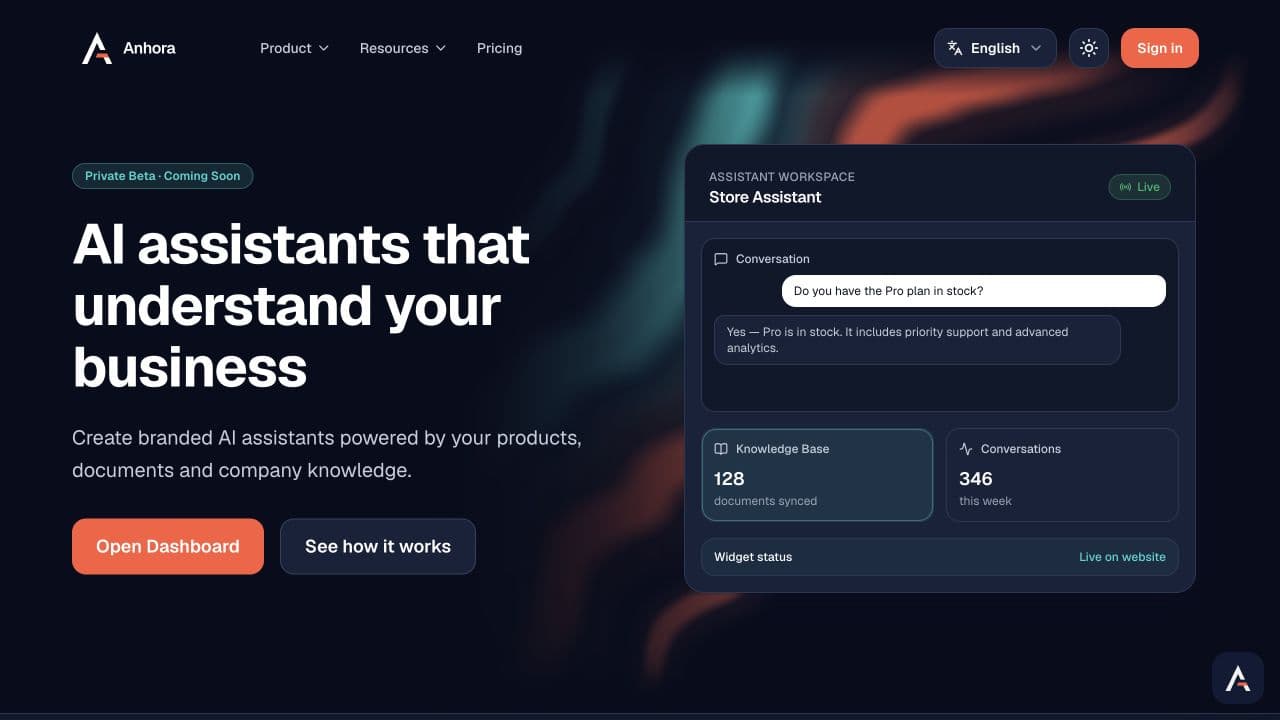 Anhora Private Beta product homepage and assistant workspace